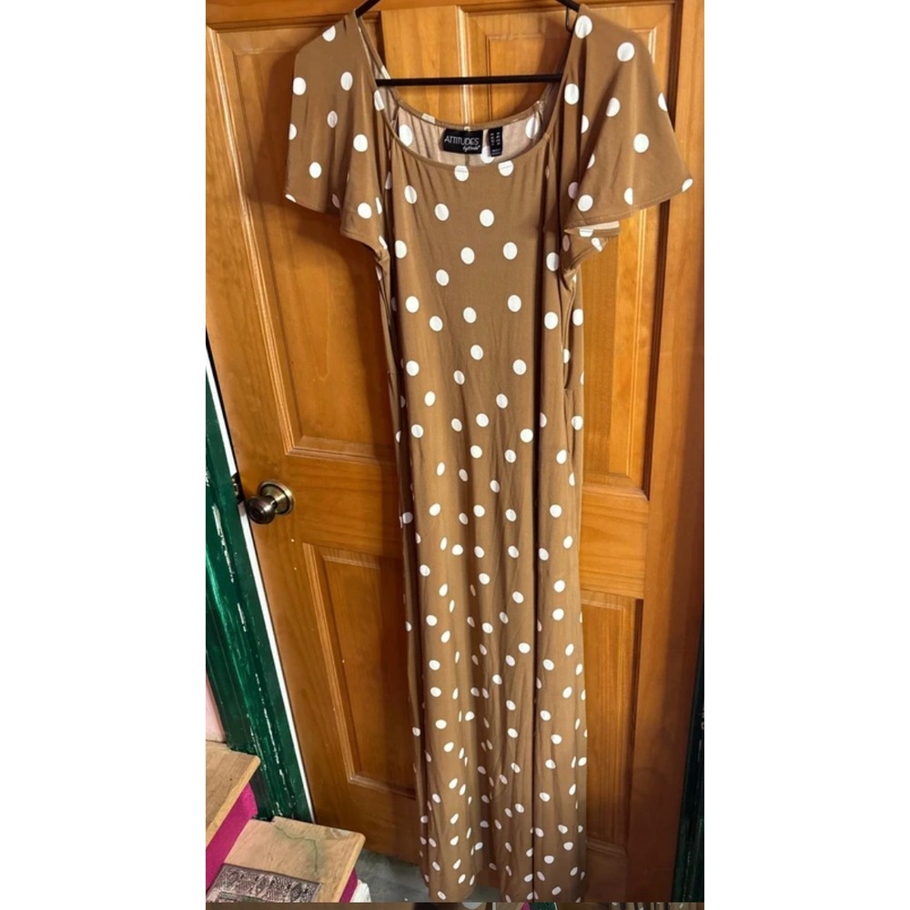 Attitudes by Renee Polka Dot Maxi Dress Tan White Flutter Sleeve Small Tall NWT